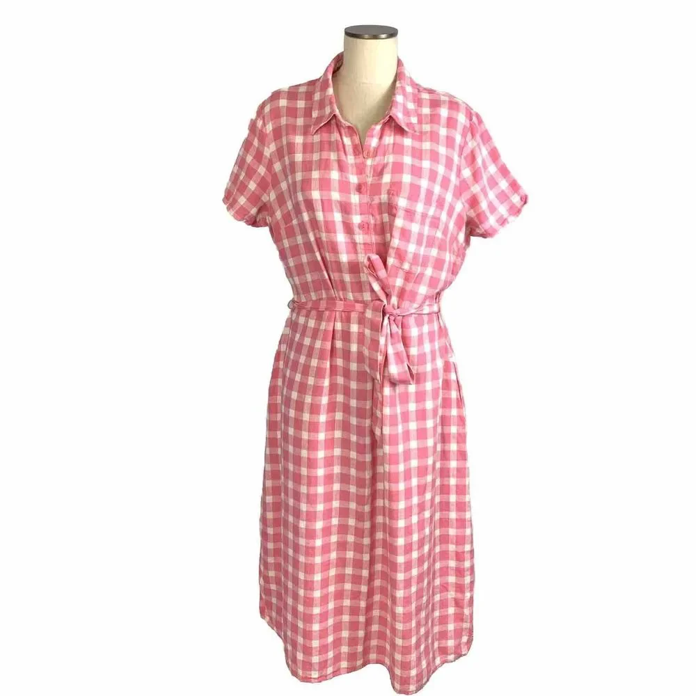 Croft & Barrow Women's Tie-Waist Button Checkered Dress Pink Gingham Check SZ L